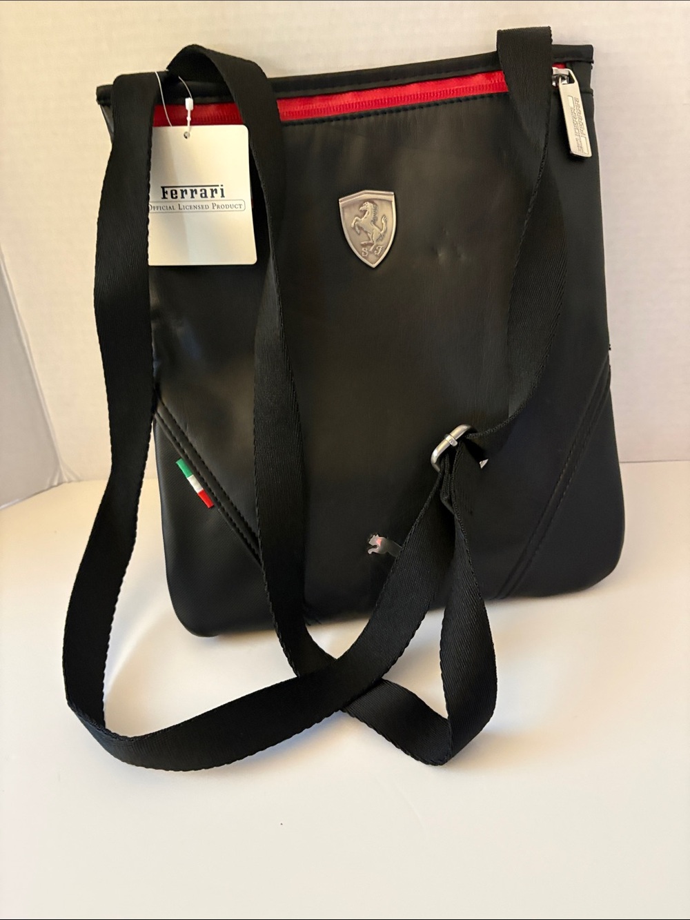 Ferrari Black Messenger Bag with Red Zip